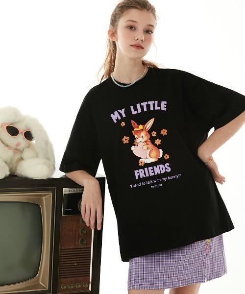 UNALLOYED★韓国★男女兼用★BLACK RABBIT T SHIRT/ 半袖Tシャツ ユニセックス Tシャツ 半袖 クマ ベアー バックプリント