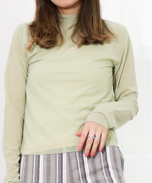 Per sist ence(パーシエンス)の「Per sist ence/パーシエンス シアーハイネックプルオーバー/ キャミ付き(Tシャツ/カットソー・レディース・ブラック/オフホワイト/グレイッシュベージュ/グレー/ミント/パープル・FREE)」の5枚目の写真