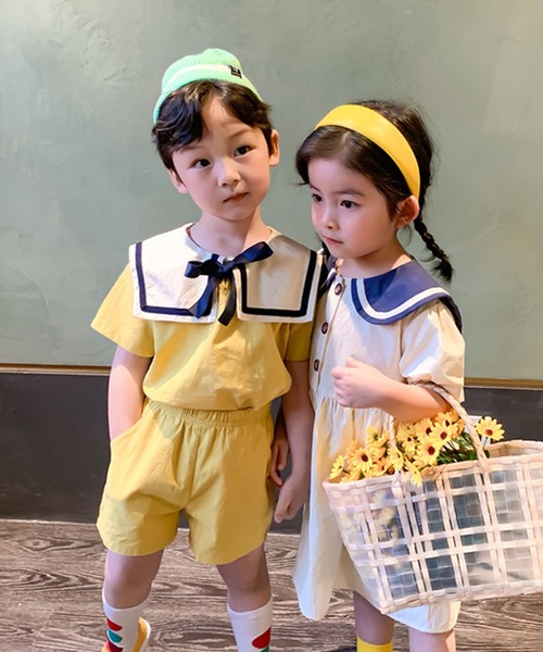 aimoha(アイモハ)の「【aimoha-KIDS-】夏 激かわいい 兄弟姉妹おそろい セーラーカラーセットアップ (SS)(セットアップ・キッズ・イエロー系その他/ベージュ系その他/イエロー/ベージュ・130/100/90/110/80/140/120)」の5枚目の写真