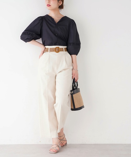 natural couture(ナチュラルクチュール)の「ストレッチリネンおしゃれベルト付きパンツ(その他パンツ・レディース・ブラック/グリーン/ライトベージュ・FREE)」の14枚目の写真