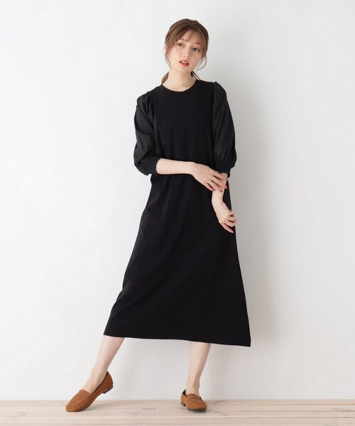 DRESKIP（ドレスキップ）の「◆異素材ドッキングボリューム袖ワンピース（ワンピース・レディース・ナチュラル/サックスブルー/ブラック・03/04/02）」の2枚目の写真