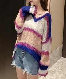 Vネックボーダーニット