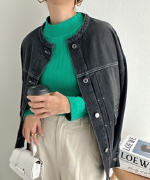 コットン長袖ワイドリブモックネックTシャツ