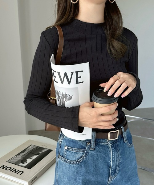 セール】コットン長袖ワイドリブモックネックTシャツ（Tシャツ