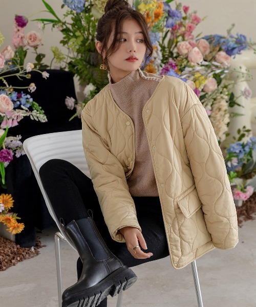 DAY CLOSET（デイ クローゼット）の「レディース ヒョウタンキルティングノーカラージャケット（ノーカラーコート・レディース・ブラック/カーキ/アイボリー/ベージュ/ピンク系その他・M/L）」の20枚目の写真