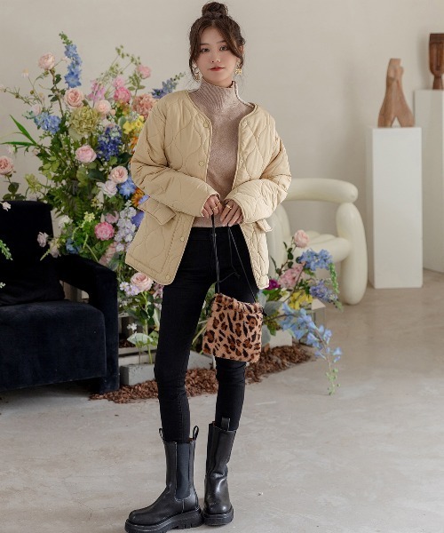 DAY CLOSET（デイ クローゼット）の「レディース ヒョウタンキルティングノーカラージャケット（ノーカラーコート・レディース・ブラック/カーキ/アイボリー/ベージュ/ピンク系その他・M/L）」の22枚目の写真