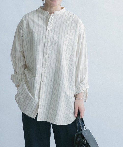 FORK&SPOON（フォークアンドスプーン）の「FORK&SPOON　ノーカラーロングシャツ（シャツ/ブラウス・レディース・オフホワイト/ストライプ・ONE）」の2枚目の写真