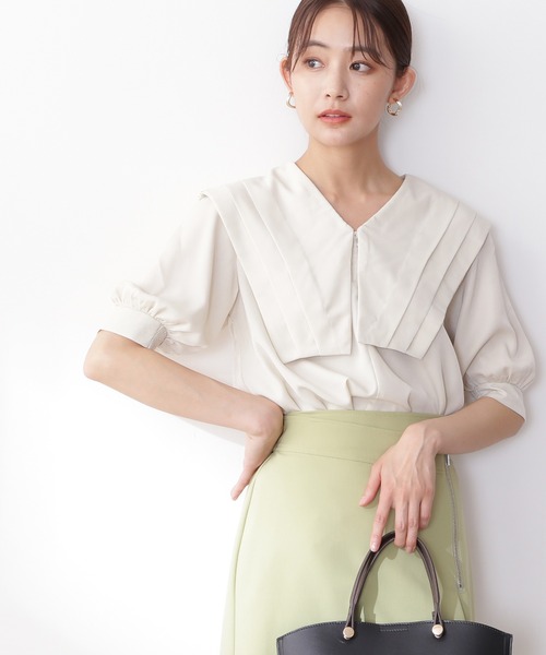 N.(N. Natural Beauty Basic)(エヌエヌナチュラルビューティーベーシック)の「◆ショートスリーブスクエアカラーブラウス(シャツ/ブラウス・レディース・オフホワイト/ブラック系その他/ブルー・MEDIUM)」の2枚目の写真