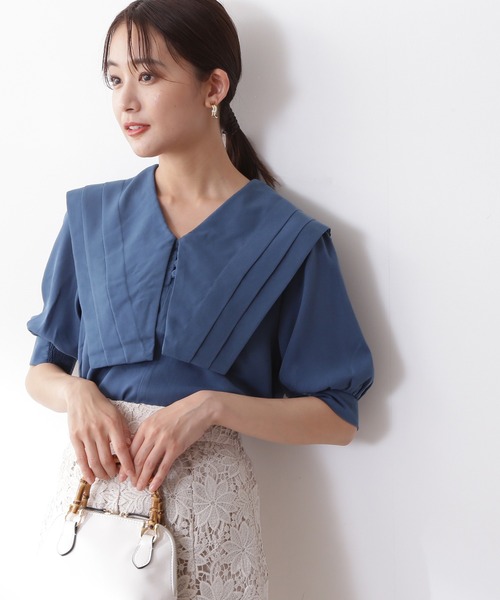 N.(N. Natural Beauty Basic)(エヌエヌナチュラルビューティーベーシック)の「◆ショートスリーブスクエアカラーブラウス(シャツ/ブラウス・レディース・オフホワイト/ブラック系その他/ブルー・MEDIUM)」の1枚目の写真