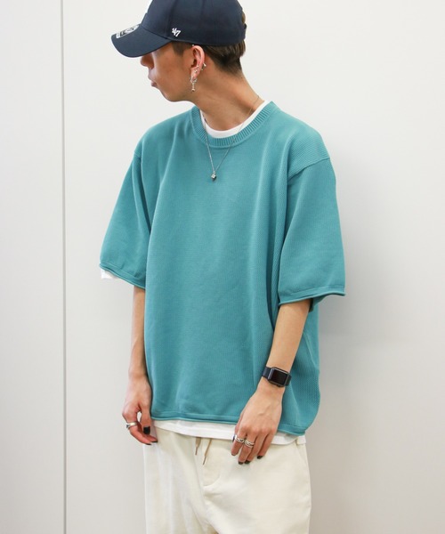 VENCEEXCHANGE（ヴァンスエクスチェンジ）の「【半袖ニット+レイヤードインナーの2点SET】ドライタッチ オーバーサイズサマーニット 　アンサンブル/ビッグシルエット/（ニット/セーター・メンズ・チャコールグレー/ベージュ/オリーブ/イエロー/オレンジ/ブルー・FREE）」の7枚目の写真