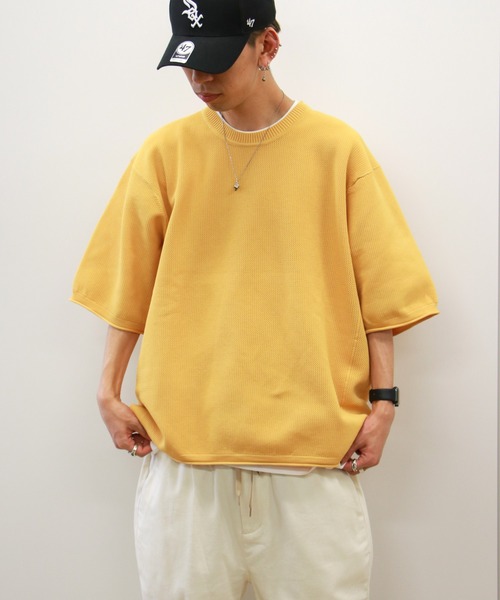 VENCEEXCHANGE（ヴァンスエクスチェンジ）の「【半袖ニット+レイヤードインナーの2点SET】ドライタッチ オーバーサイズサマーニット 　アンサンブル/ビッグシルエット/（ニット/セーター・メンズ・チャコールグレー/ベージュ/オリーブ/イエロー/オレンジ/ブルー・FREE）」の12枚目の写真