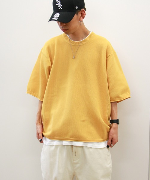 VENCEEXCHANGE（ヴァンスエクスチェンジ）の「【半袖ニット+レイヤードインナーの2点SET】ドライタッチ オーバーサイズサマーニット 　アンサンブル/ビッグシルエット/（ニット/セーター・メンズ・チャコールグレー/ベージュ/オリーブ/イエロー/オレンジ/ブルー・FREE）」の13枚目の写真