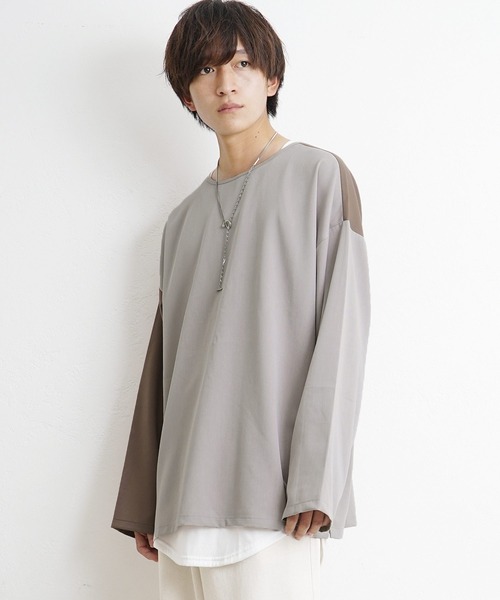MinoriTY(マイノリティ)の「【MinoriTY】バイカラービッグシルエット切り替えロンT Tシャツ メンズ 無地 秋服 オーバーサイズ 部屋着(Tシャツ/カットソー・メンズ・グレイッシュベージュ/ブラック/ネイビー/グレー/モカ・M/L/S)」の12枚目の写真