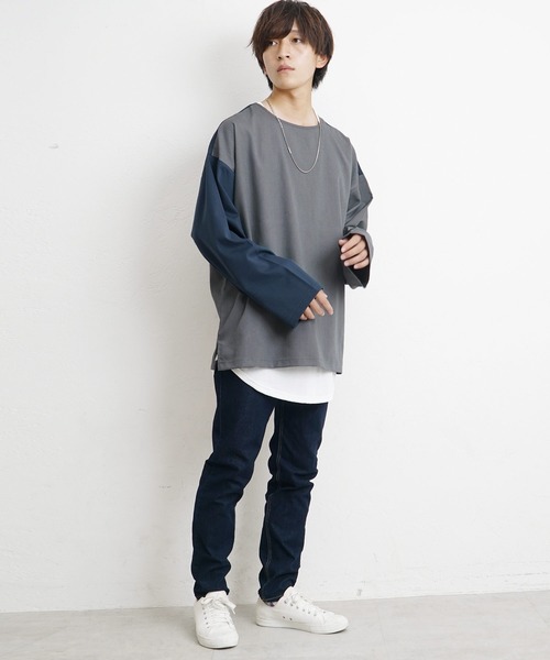 MinoriTY(マイノリティ)の「【MinoriTY】バイカラービッグシルエット切り替えロンT Tシャツ メンズ 無地 秋服 オーバーサイズ 部屋着(Tシャツ/カットソー・メンズ・グレイッシュベージュ/ブラック/ネイビー/グレー/モカ・M/L/S)」の9枚目の写真