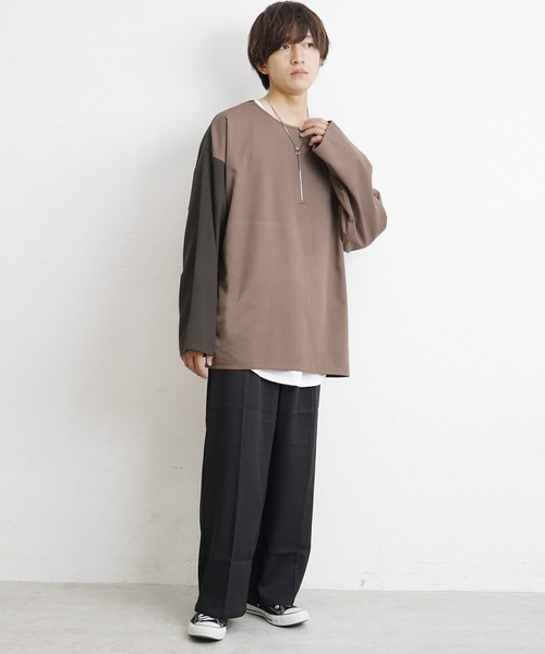 MinoriTY(マイノリティ)の「【MinoriTY】バイカラービッグシルエット切り替えロンT Tシャツ メンズ 無地 秋服 オーバーサイズ 部屋着(Tシャツ/カットソー・メンズ・グレイッシュベージュ/ブラック/ネイビー/グレー/モカ・M/L/S)」の10枚目の写真