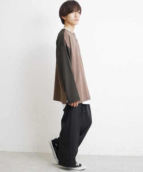 MinoriTY(マイノリティ)の「【MinoriTY】バイカラービッグシルエット切り替えロンT Tシャツ メンズ 無地 秋服 オーバーサイズ 部屋着(Tシャツ/カットソー・メンズ・グレイッシュベージュ/ブラック/ネイビー/グレー/モカ・M/L/S)」の11枚目の写真