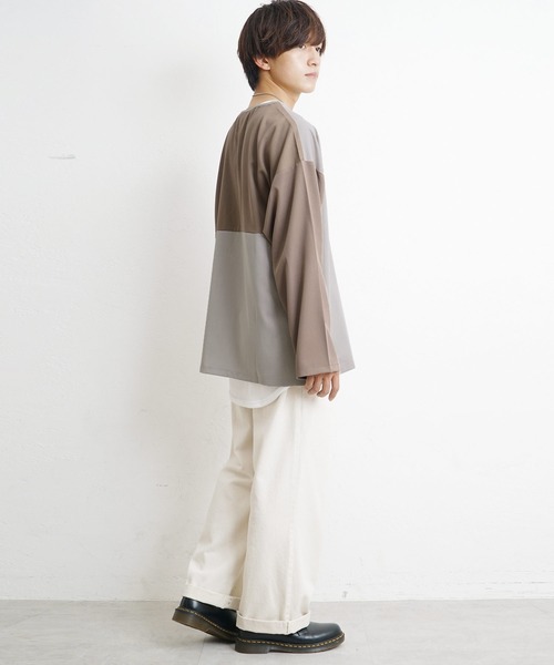 MinoriTY(マイノリティ)の「【MinoriTY】バイカラービッグシルエット切り替えロンT Tシャツ メンズ 無地 秋服 オーバーサイズ 部屋着(Tシャツ/カットソー・メンズ・グレイッシュベージュ/ブラック/ネイビー/グレー/モカ・M/L/S)」の13枚目の写真