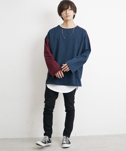 MinoriTY(マイノリティ)の「【MinoriTY】バイカラービッグシルエット切り替えロンT Tシャツ メンズ 無地 秋服 オーバーサイズ 部屋着(Tシャツ/カットソー・メンズ・グレイッシュベージュ/ブラック/ネイビー/グレー/モカ・M/L/S)」の14枚目の写真