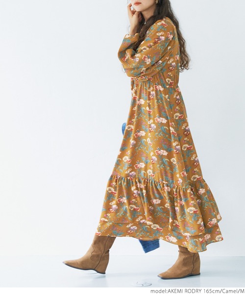 coca(coca)(コカ)の「ヴィンテージ風花柄ティアードワンピ(ワンピース・レディース・キャメル/ネイビー・M/L)」の10枚目の写真