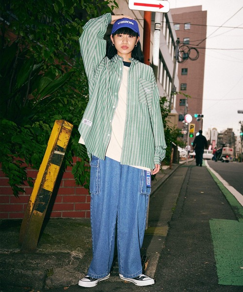 VISION STREET WEAR（ヴィジョンストリートウェア）の「【VISION STREET WEAR】ストライプシャツ / ギンガムチェックシャツ（シャツ/ブラウス・レディース・ブラック/サックスブルー/ブルー/グリーン系1/イエロー系2/グリーン系2/パープル/イエロー系1・MEDIUM/LARGE/X-LARGE）」の9枚目の写真