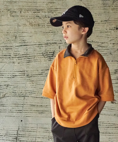 PAIRMANON STREET（ペアマノンストリート）の「【PAIRMANON STREET】【サラッとスウェット】襟裏配色ハーフジップTシャツ（Tシャツ/カットソー・キッズ・イエロー/グリーン/アイボリー/ブラック・130/110/100/120/150/90/140）」の4枚目の写真