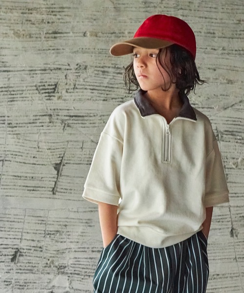 PAIRMANON STREET（ペアマノンストリート）の「【PAIRMANON STREET】【サラッとスウェット】襟裏配色ハーフジップTシャツ（Tシャツ/カットソー・キッズ・イエロー/グリーン/アイボリー/ブラック・130/110/100/120/150/90/140）」の2枚目の写真