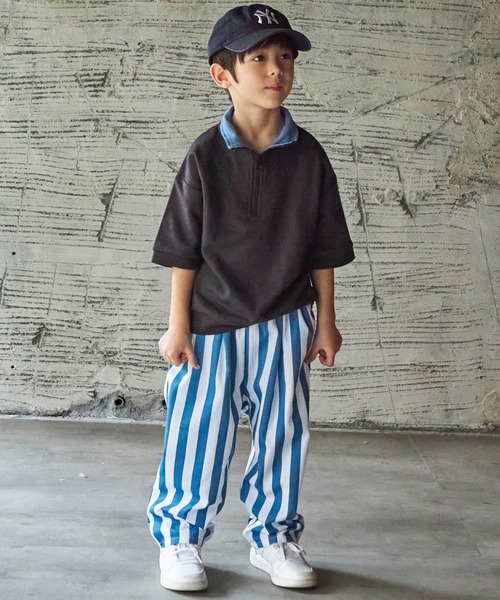 PAIRMANON STREET（ペアマノンストリート）の「【PAIRMANON STREET】【サラッとスウェット】襟裏配色ハーフジップTシャツ（Tシャツ/カットソー・キッズ・イエロー/グリーン/アイボリー/ブラック・130/110/100/120/150/90/140）」の8枚目の写真