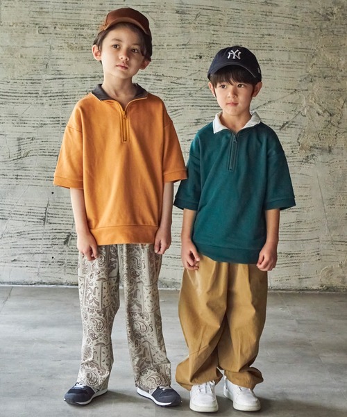 PAIRMANON STREET（ペアマノンストリート）の「【PAIRMANON STREET】【サラッとスウェット】襟裏配色ハーフジップTシャツ（Tシャツ/カットソー・キッズ・イエロー/グリーン/アイボリー/ブラック・130/110/100/120/150/90/140）」の12枚目の写真