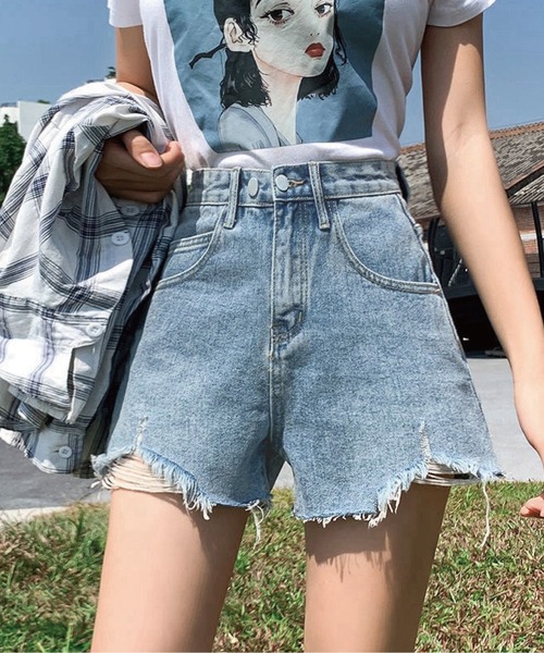 セール】カットオフダメージ加工デニムショートパンツ（デニム