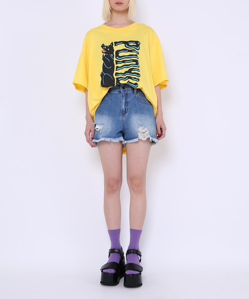 PUNYUS（プニュズ）の「ダメージデニムショートパンツ（デニムパンツ・レディース・ブラック/ライトブルー/スカイブルー・1/2/4/3）」の12枚目の写真