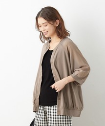 袖シフォン切替ブルゾン風カーディガン
