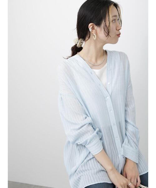 Samansa Mos2 blue（サマンサモスモスブルー）の「◎ストライプシアーギャザーチュニック（シャツ/ブラウス・レディース・オフホワイト/ミント/ブルー・F）」の4枚目の写真