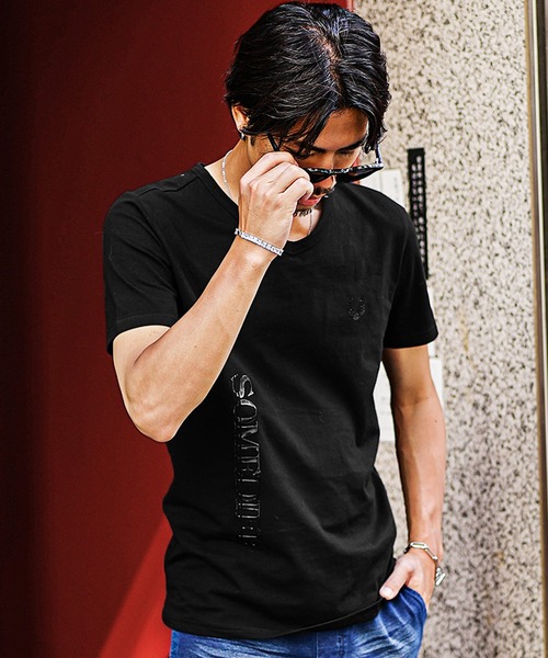 SOMEDIFF】高周波プリントラインストーンVネック半袖Tシャツ メンズ  