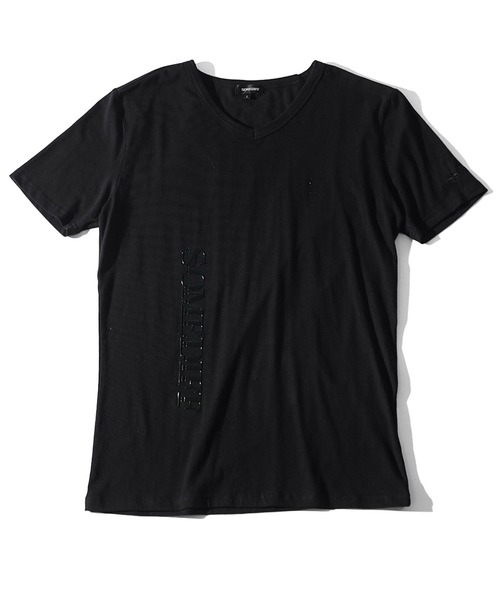 SOMEDIFF】高周波プリントラインストーンVネック半袖Tシャツ
