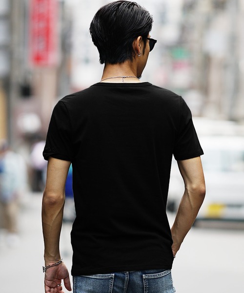 SOMEDIFF】高周波プリントラインストーンVネック半袖Tシャツ