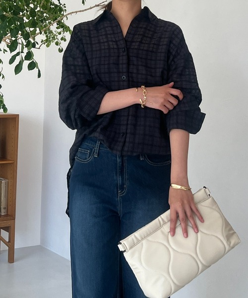 un dix cors(アンディコール)の「サッカーチェックチュニックシャツ(シャツ/ブラウス・レディース・チャコールグレー/オフホワイト・FREE)」の6枚目の写真