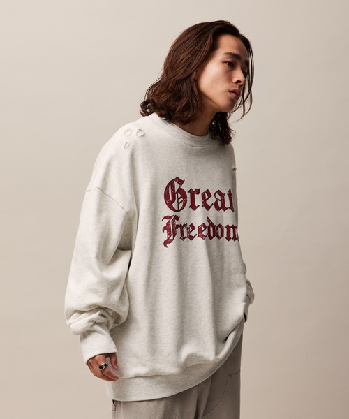 re_k by JUNRED（レクバイジュンレッド）の「re_k by JUNRED / ヴィンテージライクダメージスウェットプルオーバー（スウェット・メンズ・グリーン/チャコールグレー/ライトグレー・S/M/L）」の3枚目の写真