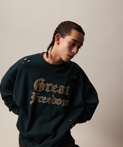 re_k by JUNRED（レクバイジュンレッド）の「re_k by JUNRED / ヴィンテージライクダメージスウェットプルオーバー（スウェット・メンズ・グリーン/チャコールグレー/ライトグレー・S/M/L）」の4枚目の写真