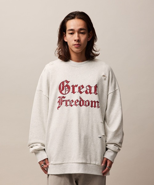 re_k by JUNRED（レクバイジュンレッド）の「re_k by JUNRED / ヴィンテージライクダメージスウェットプルオーバー（スウェット・メンズ・グリーン/チャコールグレー/ライトグレー・S/M/L）」の5枚目の写真