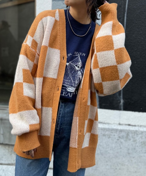 mi via loca（ミヴィアロカ）の「ダブルジャガード チェック柄 Vネックカーディガン（カーディガン/ボレロ・レディース・キャメル/ブラック・FREE）」の13枚目の写真