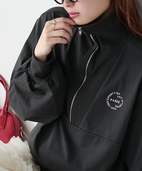 BONLECILL(ボンルシール)の「ハーフジップ オーバーサイズ配色刺繍プルオーバー(Tシャツ/カットソー・レディース・オートミール/アイボリー/レッド/チャコールグレー・FREE)」の22枚目の写真