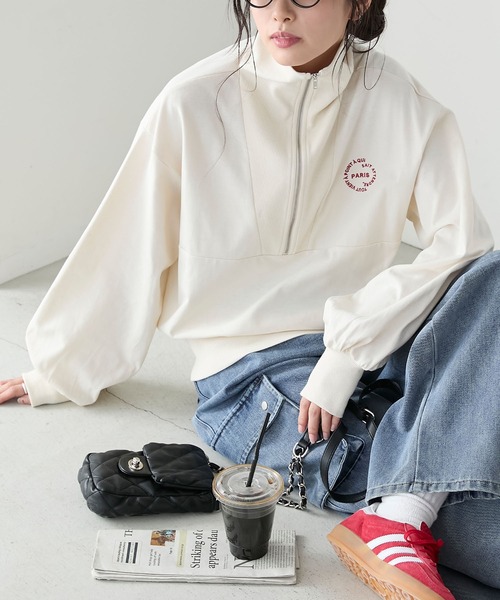 BONLECILL(ボンルシール)の「ハーフジップ オーバーサイズ配色刺繍プルオーバー(Tシャツ/カットソー・レディース・オートミール/アイボリー/レッド/チャコールグレー・FREE)」の17枚目の写真