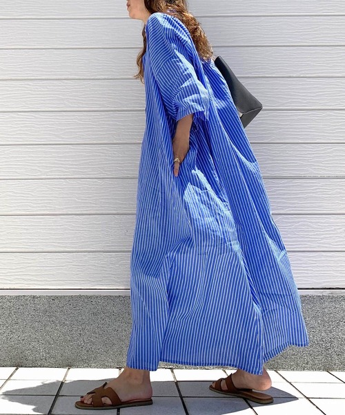 Q(キュー)の「キャンブリックボイルシャツワンピ(シャツワンピース・レディース・ピンク/ホワイト×ブラック/ブルー系・MEDIUM)」の2枚目の写真