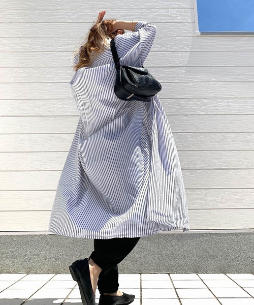 Q(キュー)の「キャンブリックボイルシャツワンピ(シャツワンピース・レディース・ピンク/ホワイト×ブラック/ブルー系・MEDIUM)」の1枚目の写真