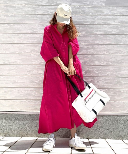 Q(キュー)の「キャンブリックボイルシャツワンピ(シャツワンピース・レディース・ピンク/ホワイト×ブラック/ブルー系・MEDIUM)」の3枚目の写真