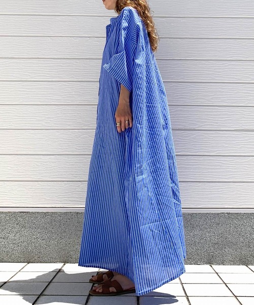 Q(キュー)の「キャンブリックボイルシャツワンピ(シャツワンピース・レディース・ピンク/ホワイト×ブラック/ブルー系・MEDIUM)」の5枚目の写真