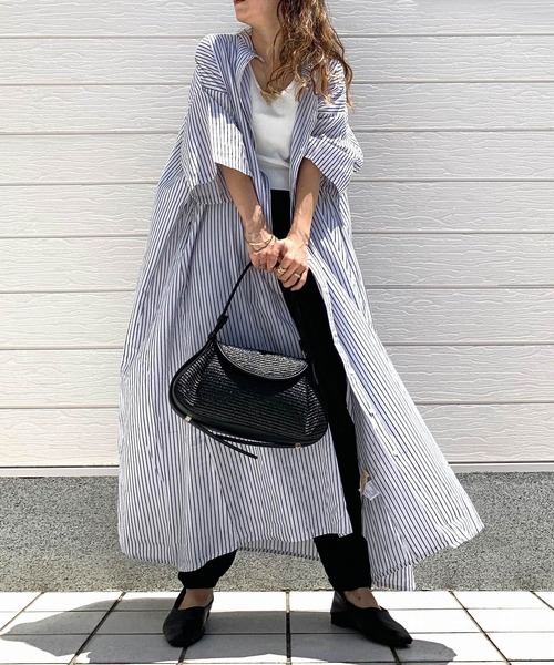 Q(キュー)の「キャンブリックボイルシャツワンピ(シャツワンピース・レディース・ピンク/ホワイト×ブラック/ブルー系・MEDIUM)」の10枚目の写真