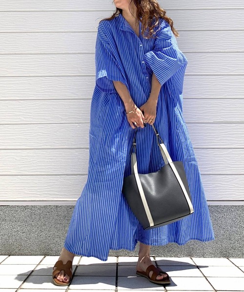 Q(キュー)の「キャンブリックボイルシャツワンピ(シャツワンピース・レディース・ピンク/ホワイト×ブラック/ブルー系・MEDIUM)」の15枚目の写真