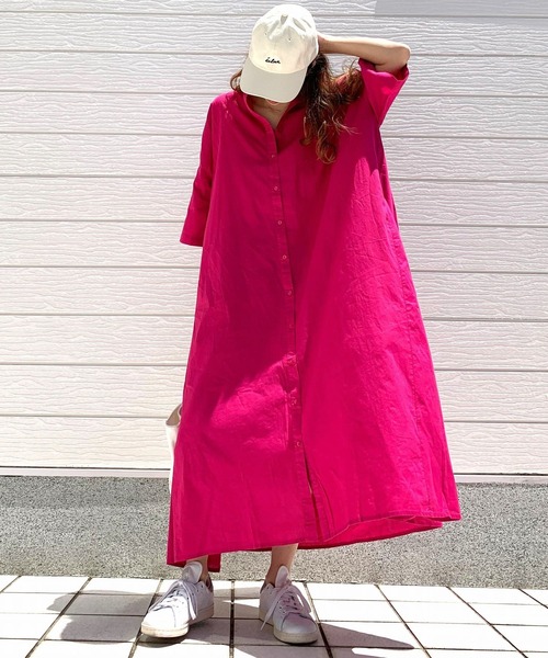 Q(キュー)の「キャンブリックボイルシャツワンピ(シャツワンピース・レディース・ピンク/ホワイト×ブラック/ブルー系・MEDIUM)」の12枚目の写真