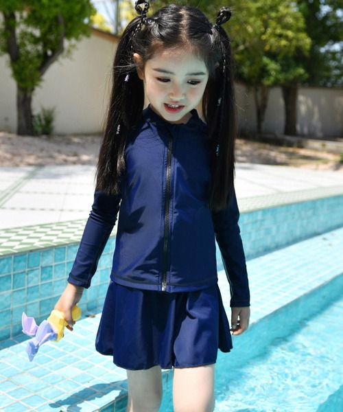 キッズスクール水着 長袖ライン柄ラッシュガード+スカート+ショート